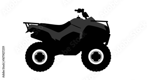 A dark stylized silhouette of a four wheeled all terrain vehicle atv on a white background showcasing its rugged design and off road capabilities silhouette
