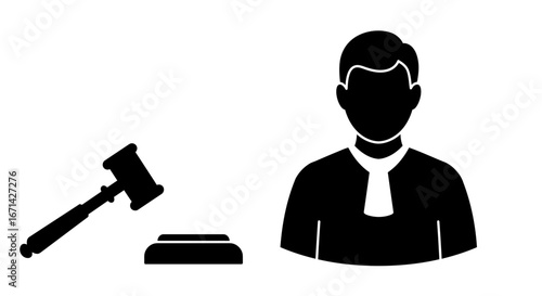 A legal professional in a robe and wig stands next to a gavel and sounding block representing justice and law silhouette