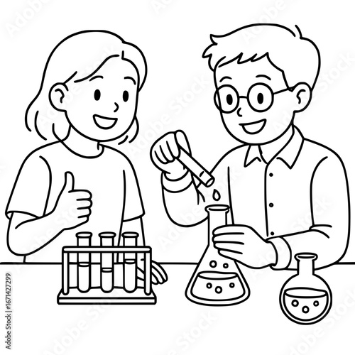 Children conducting a science experiment. Outlined test tubes.