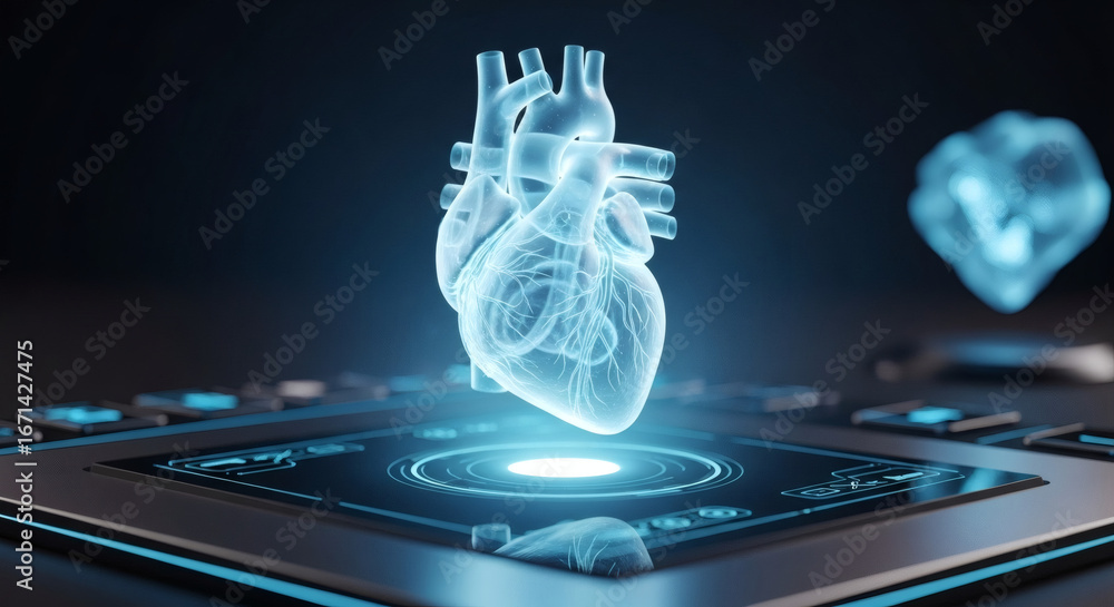 Fototapeta premium A glowing blue holographic human heart model hovers above a futuristic technological platform, suggesting medical innovation and advanced science.