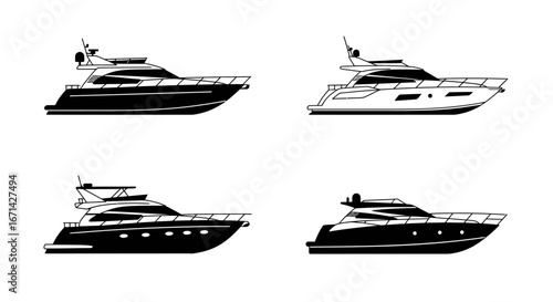 Four distinct yacht silhouettes in black and white showcasing different angles and designs of luxury motorboats on water silhouette