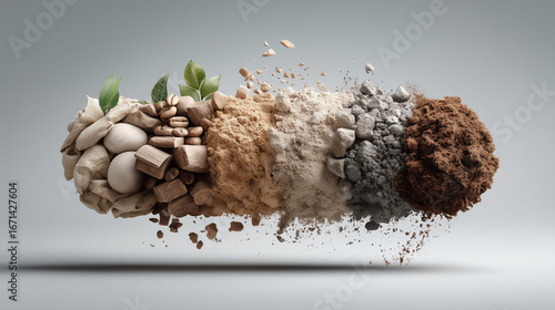 Soil and crop diversity concept with multiple layers of earth and agricultural produce, symbolizing regenerative farming, soil health, and sustainable agriculture for climate-resilient food production