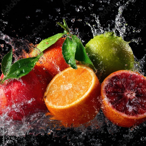 juicy fruit collection with foliage splashing water