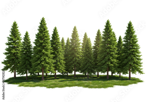 Isolated evergreen trees row, group of conifer trees with ground vegetation, scenery