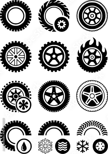 Collection of Tire and Wheel Icons with Various Designs and Symbols