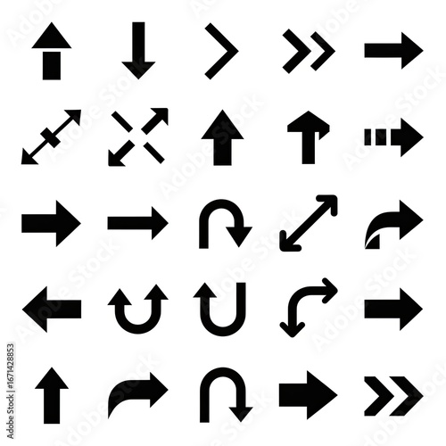 Vector illustration of arrow icons set, solid filled style. Different arrow types: straight arrows, diagonal arrows, curved arrows, U-turn arrows, double arrows, and bold thick arrows