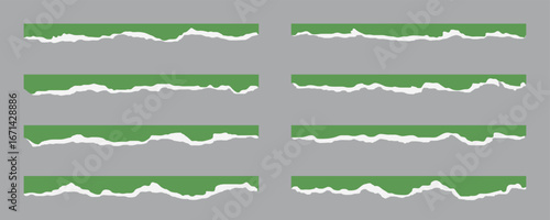 Set of green torn paper strips with rough ripped edges for creative design projects. Realistic ripped sheet effect perfect for banners, backgrounds, and layouts. Vector torn border collection.