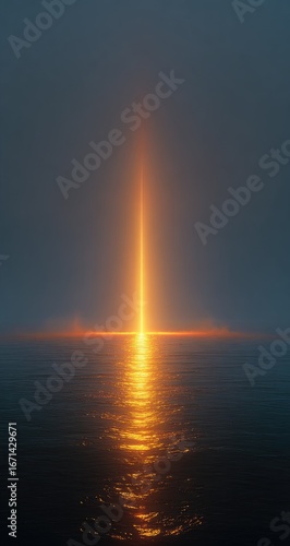 Golden light pillar rising above a calm sea