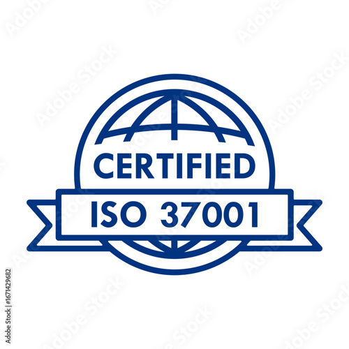 A minimalist logo for ISO 37001 certification. The design features a globe and a ribbon, symbolizing global recognition for a certified anti-bribery management system. Ideal for any company that prior