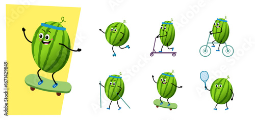 Cute Watermelon character. sport - cycling, nordic walking, scooter. skateboard, swimming.
