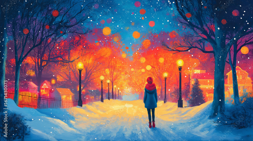 Obraz premium Oil painting illustration of people walking through a snowy forest on a winter night under the moonlight.