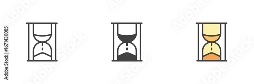 Hourglass timer icon set in line, solid and filled outline style