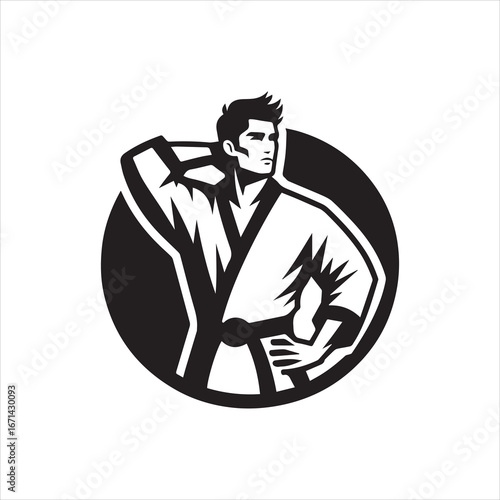 Stylized Karateka in Gi with Hand Behind Head in Circular Frame.