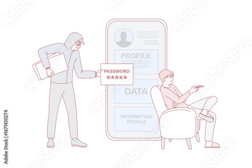 Hacker steal confidential information from person personal account. Digital money theft attack male client application, get username and password. Phishing and bank fraud. Vector illustration.