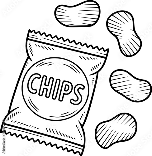 Hand-drawn illustration of a bag of chips and scattered potato chips