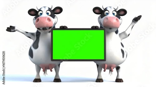 Two cartoon cows hold a large green screen, ready for a presentation.
