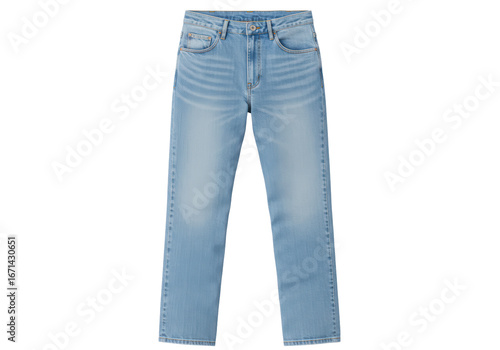 Isolated light-wash denim jeans, fashion apparel clothing item with classic casual blue styling