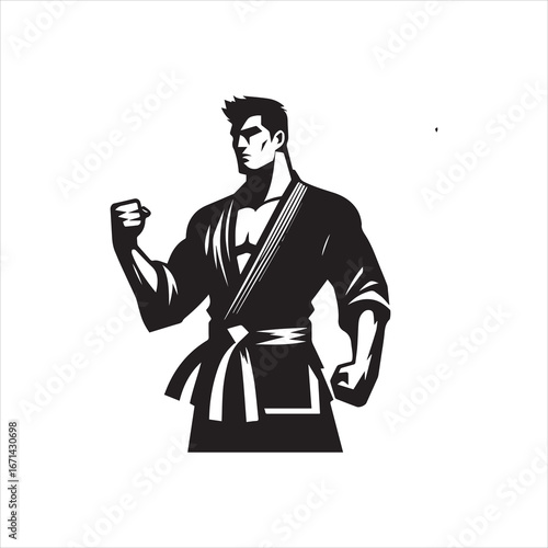 Stylized Karateka in Gi with Fists Clenched Ready for Combat Vector Illustration.