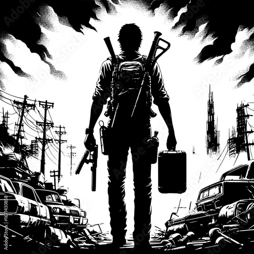 Black and White Vector Silhouette of a Man Walking Through a Junkyard with Tools