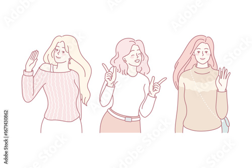 Smiling diverse young women having fun chilling out together. Happy female characters waving hand, laughing and greeting. Diversity concept. Flat vector illustration.