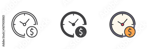 Time is money clock icon set in line, solid and filled outline style