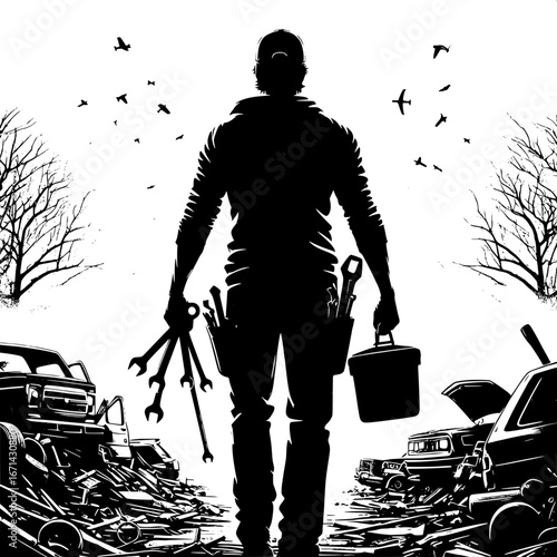 Black and White Vector Silhouette of a Man Walking Through a Junkyard with Tools