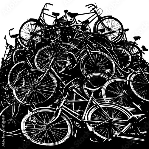 Black and White Vector Silhouette of Rusty Bicycles in a Junkyard