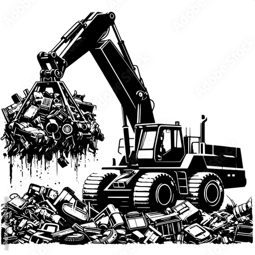 Black and White Vector Silhouette of a Scrap Loader in Action at a Junkyard