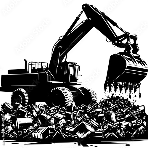 Black and White Vector Silhouette of a Scrap Loader in Action at a Junkyard