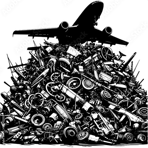 Black and White Vector Silhouette of Airplane Parts in a Junkyard
