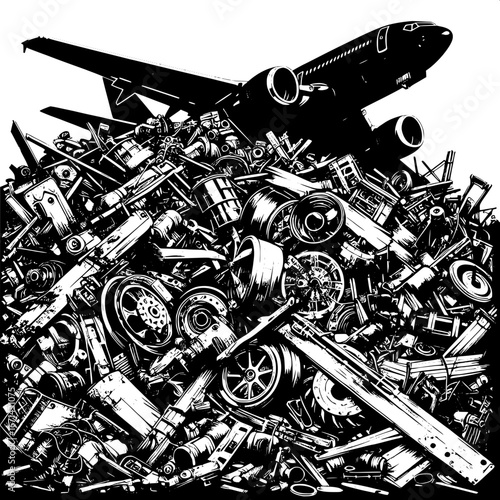 Black and White Vector Silhouette of Airplane Parts in a Junkyard
