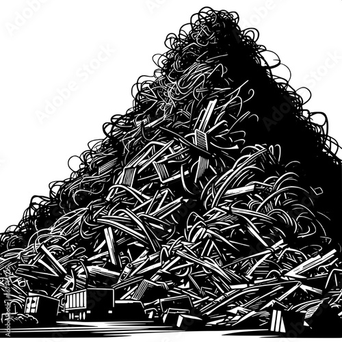 Black and White Vector Silhouette of Scrap Metal Mountains in a Junkyard