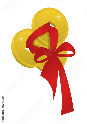 Golden Chinese coins together in form of a triangle tied with red silk ribbon talisman for good luck and wealth. Festive vector isolated on white background