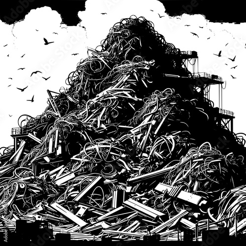 Black and White Vector Silhouette of Scrap Metal Mountains in a Junkyard
