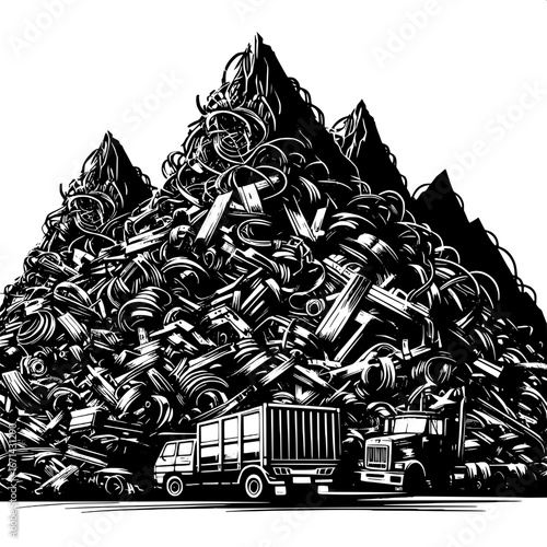 Black and White Vector Silhouette of Scrap Metal Mountains in a Junkyard