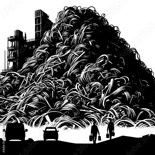 Black and White Vector Silhouette of Scrap Metal Mountains in a Junkyard