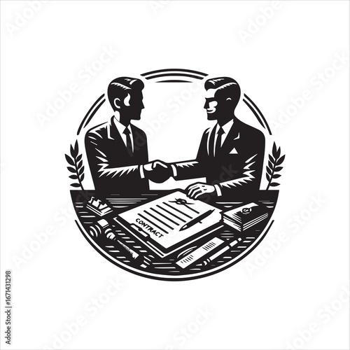 Symbolic Black and White Illustration of a Business Deal Agreement Handshake.