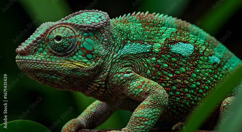 Fototapeta premium Colorful Chameleon Lizard Close Up on Green Background