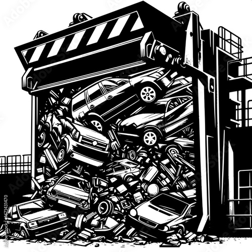 Black and White Vector Silhouette of Crushed Cars in a Junkyard Compactor