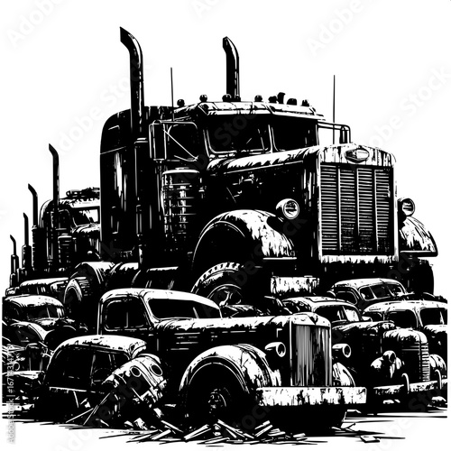 Black and White Vector Silhouette of Abandoned Trucks in a Junkyard