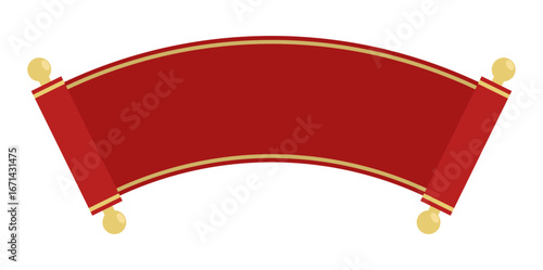 Red silk ribbon rolled into a parchment scroll curved into an arc shape for text or a congratulatory slogan. Festive vector isolated on white background