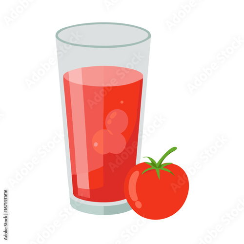 Vector illustration of glass filled with red tomato juice beside a fresh tomato. Isolated on white background. Healthy eating, diet, culinary, and nutrition.