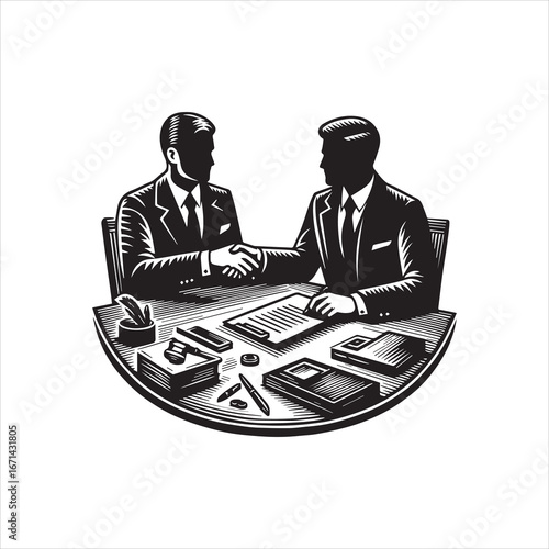 Two Businessmen Shaking Hands Over a Table in Agreement Black and White.