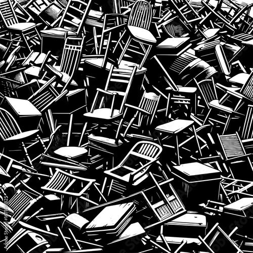 Black and White Vector Silhouette of Broken Furniture in a Junkyard