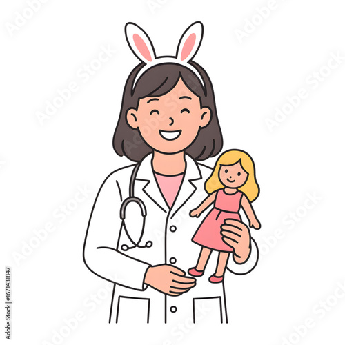 Vector illustration of a smiling female pediatric doctor wearing bunny ears headband and white coat, holding a doll toy, cute cartoon style design for children’s healthcare, clinic, hospital