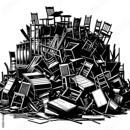 Black and White Vector Silhouette of Broken Furniture in a Junkyard