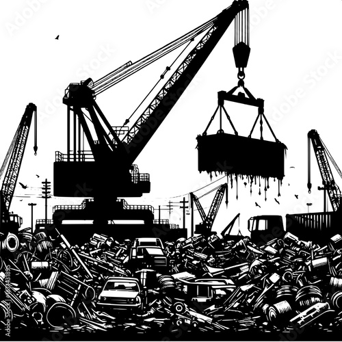 Black and White Vector Silhouette of Cranes Lifting Scrap Metal in a Junkyard