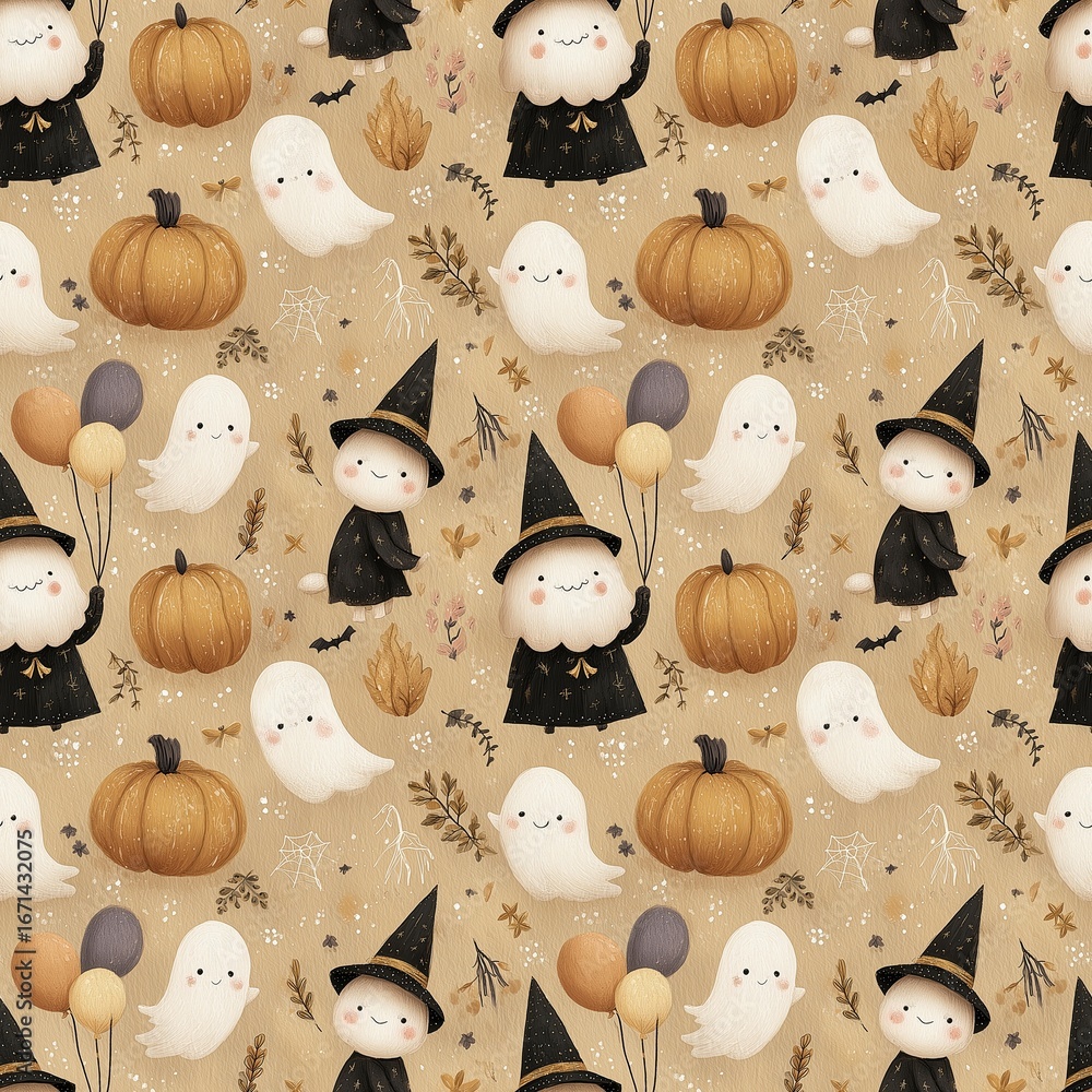 custom made wallpaper toronto digitalHalloween sesamless pattern with pumpkins; ghosts and witches in kawaii style. beige background