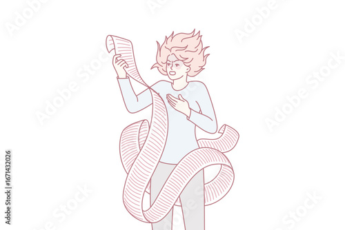 Stressed young woman with long list annoyed with plans and problems. Unhappy girl frustrated with tasks and liabilities. Multitasking and overload concept. Vector illustration.