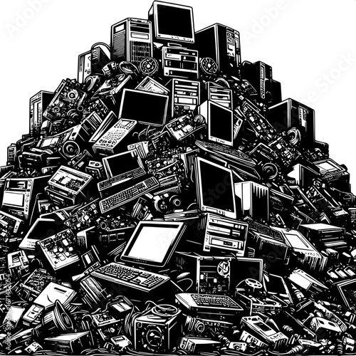 Black and White Vector Silhouette of Electronics Scrap in a Junkyard